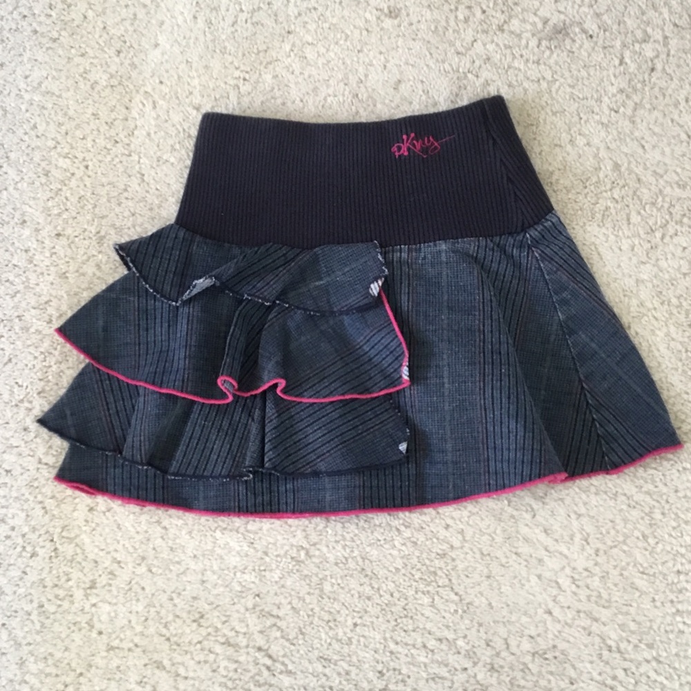 DKNY Girls Denim Plaid Gingham Skirt  Ruffles Pink Accents